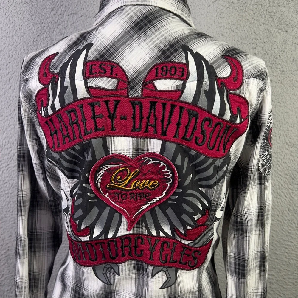 Harley Davison Shirt Womens Small Multicolor Plaid Button Embroidered Heart Y2K - Picture 5 of 10